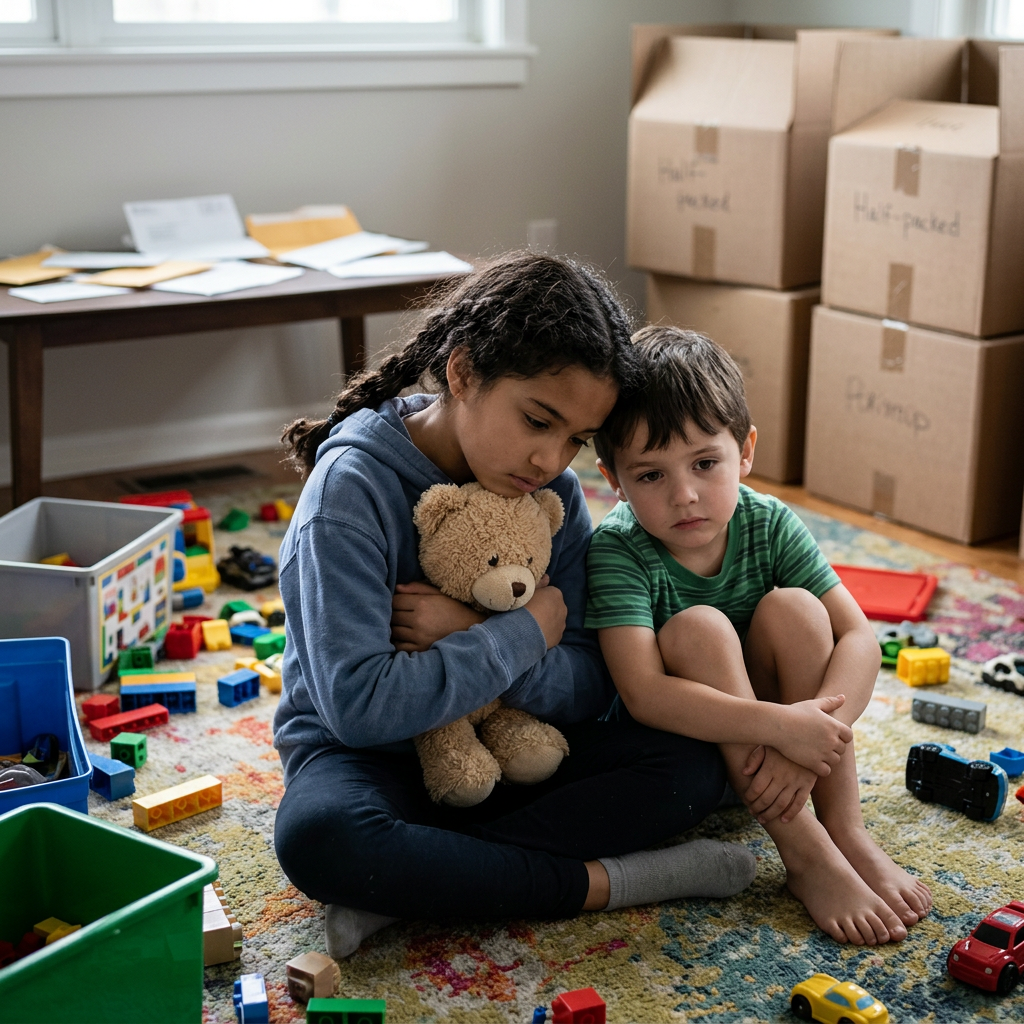 Two children sitting on a colorful rug surrounded by toys and moving boxes, looking sad and comforting each other