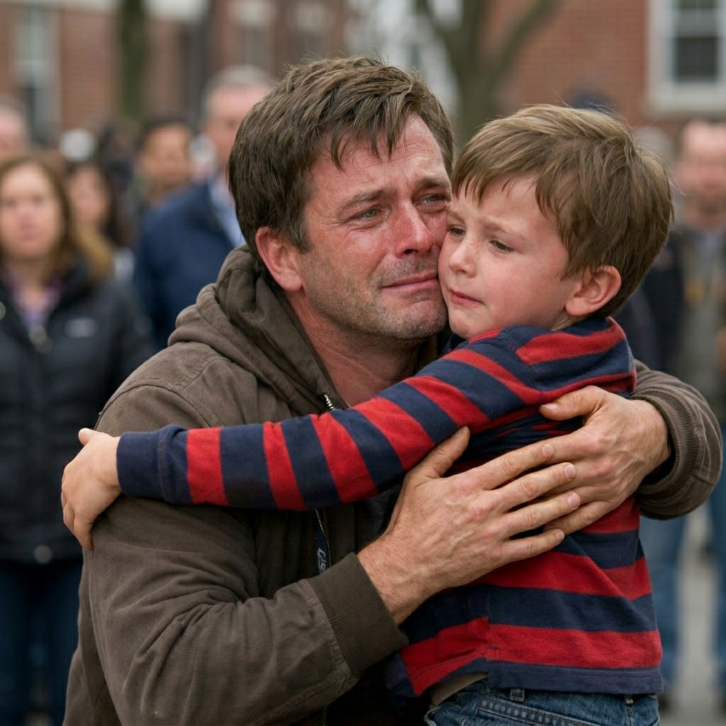 A man and a young boy crying and being held by police officers